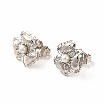 Flower Rack Plating Brass Stud Earrings for Women, with Plastic Imitation Pearl, Lead Free & Cadmium Free, Platinum, 11.5x12.5mm, Pin: 0.8mm