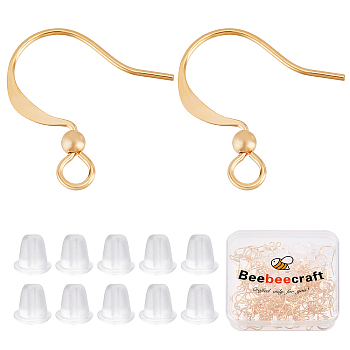 120Pcs Brass Earring Hooks, with Horizontal Loop and Beads, with 120Pcs Plastic Ear Nuts, Golden, 16x15.5x2.5mm, Hole: 2.5mm, 24 Gauge, Pin: 0.5mm