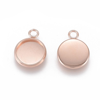 201 Stainless Steel Pendant Cabochon Settings, Plain Edge Bezel Cups, Flat Round, Rose Gold, Tray: 10mm, 15x12x2mm, Hole: 2.2mm
