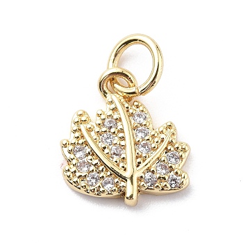 Brass Micro Pave Cubic Zirconia Charms, with Jump Rings, Maple Leaf Charms, Real 18K Gold Plated, 11x10x2mm, Hole: 3.2mm