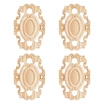 Rubber Wood Carved Onlay Applique, Center Flower Long Applique, for Door Cabinet Bed Unpainted Decor European Style, Blanched Almond, 210x141x10mm