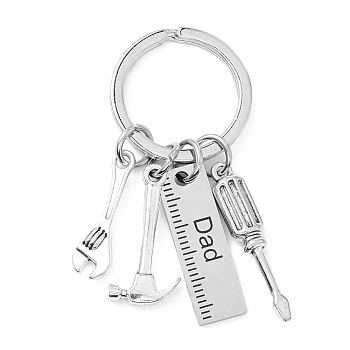 Father's Day Theme 201 Stainless Steel Keychain, Hammer & Wrench & Screwdriver & Ruler with Word Dad, Stainless Steel Color, 5.7cm