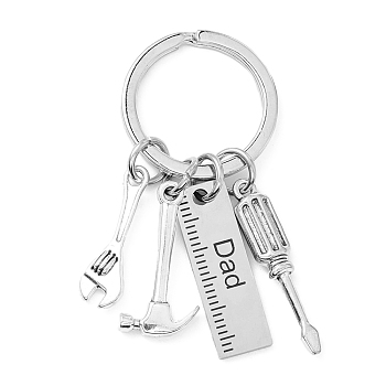 Non-Tarnish Father's Day Theme 201 Stainless Steel Keychain, Hammer & Wrench & Screwdriver & Ruler with Word Dad, Stainless Steel Color, 5.7cm