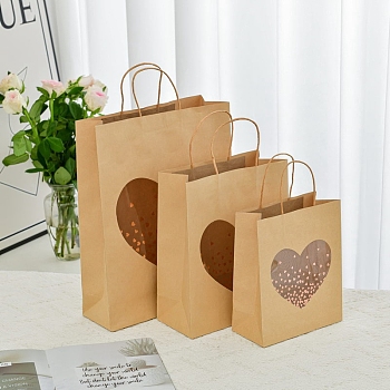 Folding Cardboard Paper Gift Tote Bags, Gift Package Bags with Visible Window, Rectangle, Heart, 26x12x32cm