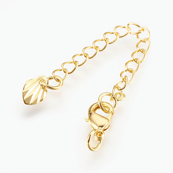 Brass Chain Extender, with Lobster Claw Clasps, Cadmium Free & Nickel Free & Lead Free, Long-Lasting Plated, Shell, Real 18K Gold Plated, 72x3mm, Hole: 2.5mm, Clasps: 10x6x3mm