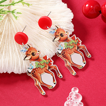 Christmas Acrylic Stud Earrings, Deer, Platinum