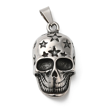Titanium Steel Pendants, Antique Silver, Skull with Star Charm 36x20x10mm, Hole: 9x4mm