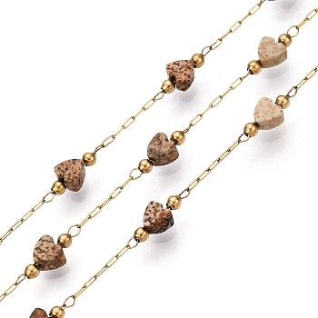 Handmade Natural Gemstone Beads Heart Chains, for Necklaces Bracelets Making, with 304 Stainless Steel Chains, Soldered, with Spool, Real 18K Gold Plated, 4x4x2.5mm, bead: 2mm in diameter, links: 2x1.5x0.2mm & 2.5x1x0.2mm, interval: 19mm, about 10m/roll