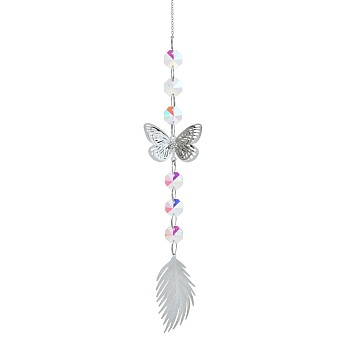 Metal with Glass Beaded Hanging Pendant Decorations, Suncatchers for Party Window, Wall Display Decorations, Feather, 380x86mm