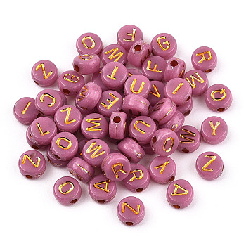Plating Acrylic Beads, Golden Metal Enlaced, Horizontal Hole, Flat Round with Letter, Pale Violet Red, 6.5~7x3.5~4mm, Hole: 1.6mm, about 3600g/500g