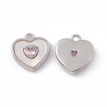 Brass Cubic Zirconia Charms, with Shell, Heart Charm, Platinum, 11.5x11x3mm, Hole: 1.4mm