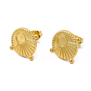 Ion Plating(IP) 304 Stainless Steel Stud Earring Cabochon Settings, Flat Round with Sun, Real 18K Gold Plated, Tray: 4mm, 14x16mm, Pin: 0.8mm