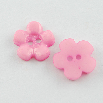 Acrylic Buttons, 2-Hole, Dyed, Flower, Pearl Pink, 15x15x3mm, Hole: 2mm