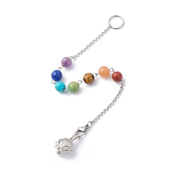 Chakra Natural & Synthetic Mixed Stone Dowsing Pendulum Pendant Decorations, with Handmade Luminous Lampwork Beads & 304 Stainless Steel & Brass Findings, Lotus Charm, Mixed Dyed and Undyed, Stainless Steel Color, 222mm, Pendant: 20.5x14x9mm