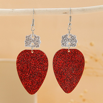 Christmas Teardrop Acrylic Dangle Earrings, with Glitter Powder, Platinum, Dark Red, 74x28mm