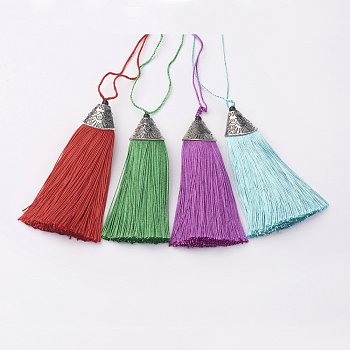 Nylon Tassels Big Pendant Decorations, with CCB Plastic, Antique Silver, Mixed Color, 85x20x10.5mm