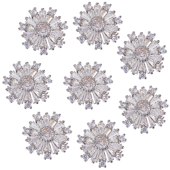 8Pcs 1-Hole Brass Shank Buttons, with Cubic Zirconia, Snowflake, Platinum, Clear, 15.5x16x7mm, Hole: 1.4mm