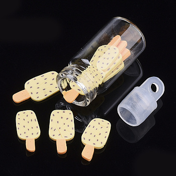 Handmade Polymer Clay Nail Art Decoration Accessories, with Glass Wishing Bottle and CCB Plastic Bottle Stopper, Ice Candy, Gold, 11~13x3~6x0.6~1.5mm
