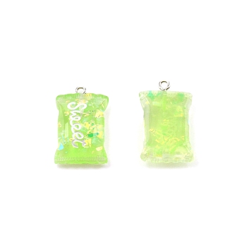 Resin Pendants, with Platinum Plated Iron Findings, Suger with Word Sweet, Lime, 28x17x7.5mm, Hole: 2mm
