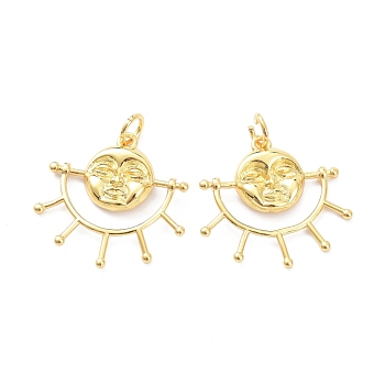 Brass Charms, with Jump Ring, Long-Lasting Plated, Sun with Face, Real 18K Gold Plated, 20~21x22x3mm, Jump Ring: 5x1mm, 3.5mm Inner Diameter