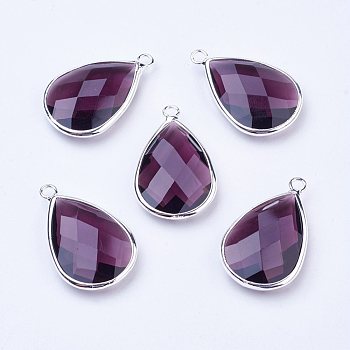 Silver Color Plated Brass Glass Teardrop Pendants, Faceted, Purple, 18x10x5mm, Hole: 2mm