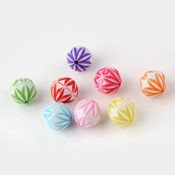 Craft Style Acrylic Corrugated Beads, Round, Mixed Color, 13~14mm, Hole: 2mm, about 365pcs/500g