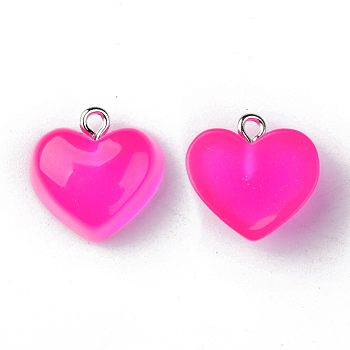 Transparent Resin Pendants, with Platinum Tone Iron Loop, Heart, Deep Pink, 16.5x17x9.5mm, Hole: 1.8mm