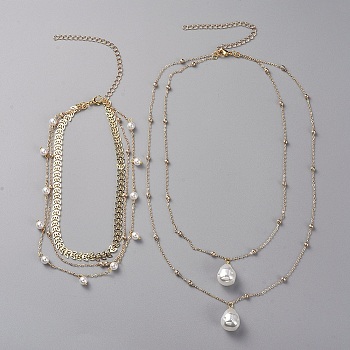 Layered Necklaces Sets, with ABS Plastic Imitation Pearl Pendants, Plastic Imitation Pearl Beads, Brass Chains and 304 Stainless Steel Lobster Claw Clasps, Golden, 18.5 inch(47cm) , 12.59 inch(32cm), 2pcs/set
