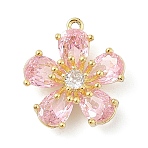 Brass Micro Pave Cubic Zirconia Pendants, Cadmium Free & Nickel Free & Lead Free, Flower Charms, Pink, 16x13.5x5mm, Hole: 1.2mm(KK-S514-02C-G)