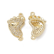 Brass Micro Pave Clear Cubic Zirconia Connector Charms, Footprint Links with Heart, Real 18K Gold Plated, 22.5x13x4mm, Hole: 1.2mm(KK-E068-VB033)