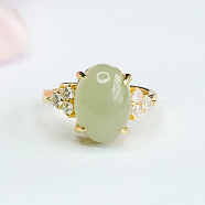 Oval Natural Hetian Jade Finger Rings, Brass Cubic Zirconia Adjustable Rings, Golden, Inner Diameter: 17~19mm(FS-WGA2F2C-01)