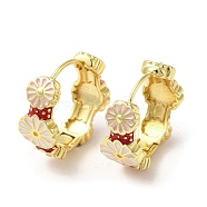 Real 18K Gold Plated Brass Flower Hoop Earrings, with Enamel, Pink, 19x8.5mm(EJEW-L268-023G-03)
