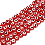 Handmade Lampwork Beads, Evil Eye, Flat Round, Red, about 8mm in diameter, 4mm thick, hole: 1mm, about 50pcs/strand(DF021Y-1)