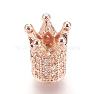 Brass Micro Pave Cubic Zirconia Beads, Crown, Clear, Real Rose Gold Plated, 10x8mm, Hole: 1.4mm(X-ZIRC-F088-029RG)