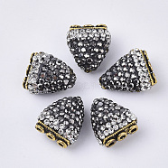 4-Holes Polymer Clay Rhinestone Beads, with Brass Findings, Triangle, Antique Golden, Jet Hematite, 17x15x9.5mm, Hole: 1.4~1.8mm(RB-S055-06)