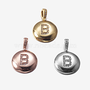 Brass Pendants, with Cubic Zirconia, Cadmium Free & Lead Free, Flat Round with Letter, Mixed Color, Letter.B, 22mm, Hole: 2x3mm, Pendant: 15x3mm(KK-K194-B-RS)