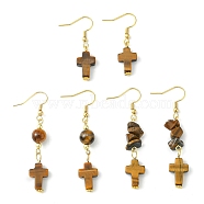 3 Pair 3 Style Cross & Chips & Cross Natural Tiger Eye Dangle Earrings, Real 18K Gold Plated 304 Stainless Steel Earrings, 37~58x10.5~11mm, 1 Pair/style(EJEW-JE05306)