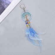 Natural Quartz Tree of Life Keychain, Iron Woven Net with Feather Keychain, Dodger Blue, 280mm(TREE-PW0002-19C)