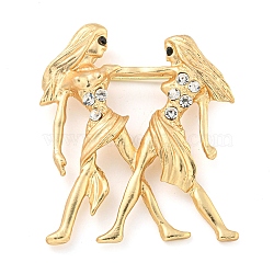 Golden Zinc Alloy with Rhinestone Brooches, Twelve Constellations, Gemini, 49x42x5mm(JEWB-B018-03G-03)