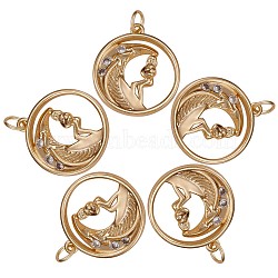 5Pcs Brass Micro Pave Clear Cubic Zirconia Pendants, Flat Round with Moon & Woman, Golden, 18.8mm(JX181A)