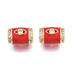 Brass Micro Pave Clear Cubic Zirconia European Beads, with Enamel, Large Hole Beads, Nickel Free, Real 18K Gold Plated, Column with Eye, Red, 16x11.5mm, Hole: 6.5mm(ZIRC-N039-220B)