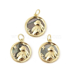 Brass Pave Natural Paua Shell/Abalone Shell Pendants, Flat Round with Rabbit Charms, Rack Plating, with Jump Rings, Real 18K Gold Plated, 16.5x14.5x3.5mm, Hole: 3.5mm(KK-P300-20G)