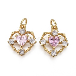 Brass Micro Pave Clear & Pearl Pink Cubic Zirconia Pendants, with Jump Rings, Long-Lasting Plated, Heart, Real 18K Gold Plated, 15x13x3mm, Hole: 3mm(X-KK-F821-25G)