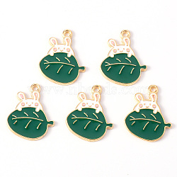 Alloy Enamel Pendants, Light Gold, Cadmium Free & Lead Free, Rabbit with Leaf, Sea Green, 21x17x1mm, Hole: 1.2mm(ENAM-N054-41-RS)