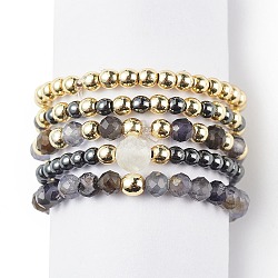 5Pcs 5 Style Natural Rainbow Moonstone & Dichroite & Synthetic Hematite Round Beaded Stretch Finger Rings Set, Gemstone Jewelry for Women, Mixed Color, US Size 9(18.9mm), 1Pc/style(RJEW-JR00527)