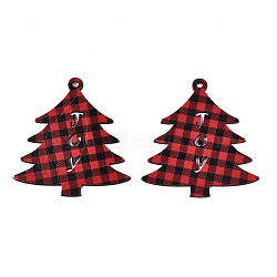 Christmas Theme Single-Sided Printed Wood Big Pendants, Christmas Tree with Tartan Pattern, Red, 79x73x2mm, Hole: 3.5mm(WOOD-N005-59)