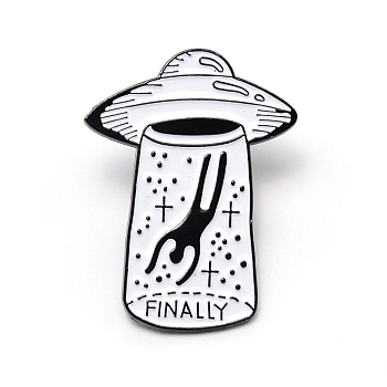 Alien & Flying Saucer with Finally Enamel Pin, Zinc Alloy Enamel Brooch for Jacket Backpack, Electrophoresis Black, White, 43x32x11mm