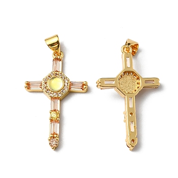 Rack Plating Brass Micro Pave Cubic Zirconia Pendants, Cadmium Free & Lead Free, Long-Lasting Plated, Real 18K Gold Plated, Cross, PeachPuff, 30.5x18x5.5mm, Hole: 4x3.3mm