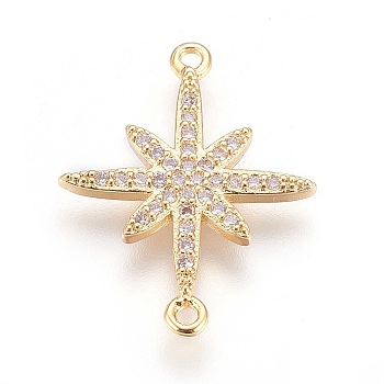 Brass Micro Pave Cubic Zirconia Links, Shining Star, Clear, Real 18K Gold Plated, 22.5x17.5x1.8mm, Hole: 1.2mm