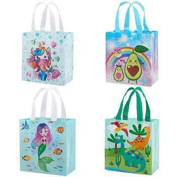 8Pcs 4 Styles Non-Woven Fabric Reusable Folding Gift Bags with Handle, Portable Shopping Bag for Gift Wrapping, Rectangle, Cartoon Pattern, 43cm, Unfold: 37.5cm, Bag: 22.5x21x11cm, 2pcs/style